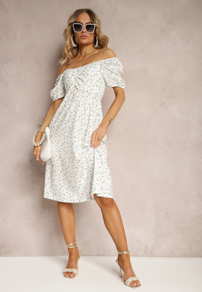 Biało-Miętowa Kwiecista Sukienka z Marszczeniem przy Dekolcie i Gumką w Talii Fripia