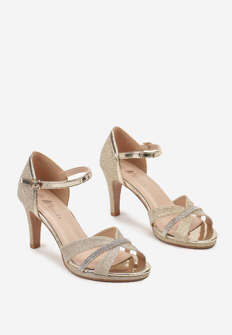 Złote Eleganckie Sandały z Ekoskóry na Szpilce Ozdobione Cyrkoniami Aldenima