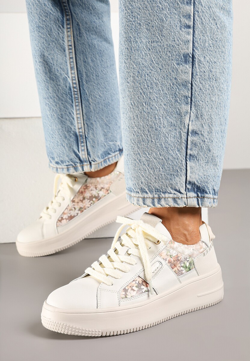 Beżowe Sneakersy ze Skóry Naturalnej z Kwiatami i Napisem Nilalora