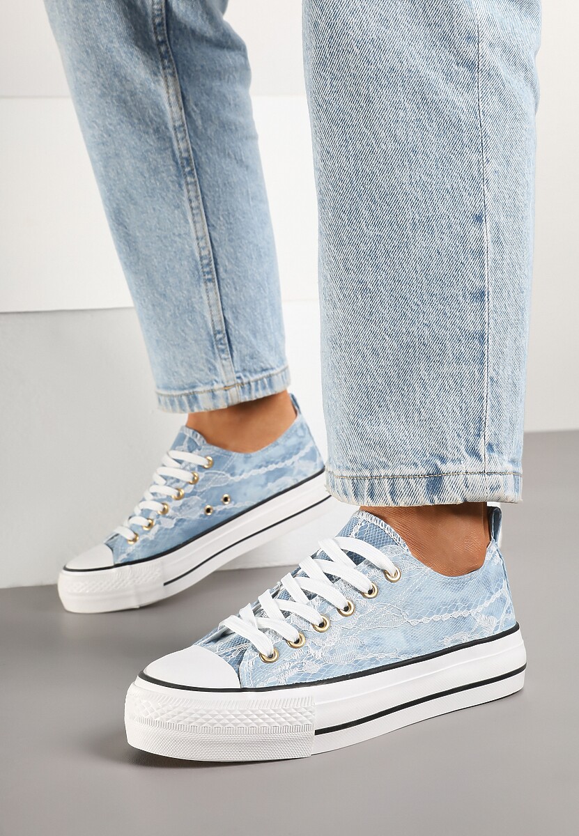 Niebieskie Trampki przed Kostkę na Platformie Zdobione Koronką Goniviel