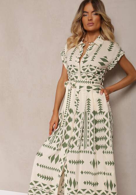 Beżowo-Zielona Taliowana Sukienka z Wiskozy z Materiałowym Paskiem w Talii Nasiona