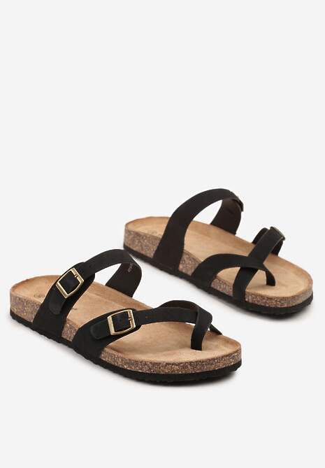 Czarne Klapki Japonki ze Sprzączkami na Podeszwie z Imitacji Korka Idanavia