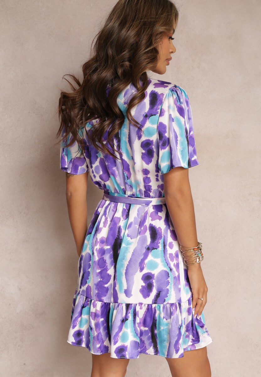 Fioletowa Kopertowa Sukienka z Falbanami i Wiązanym Paskiem Arvey