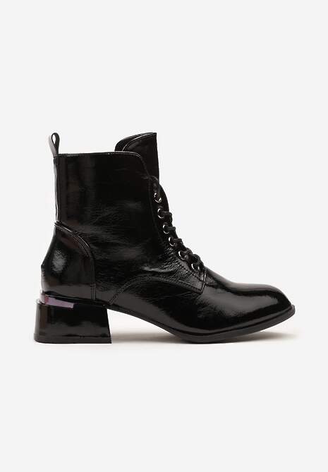 Czarne Lakierowane Botki Vices na Klocku ze Zdobieniem i Sznurowaną Cholewką Falmirea
