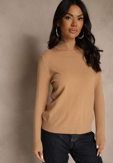 Ciemnobeżowy Casualowy Sweter z Półgolfem w Minimalistycznym Stylu Seorienne