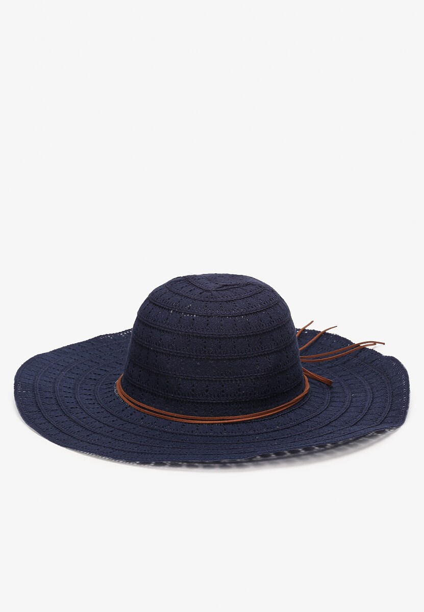 Granatowy Szeroki Kapelusz Pleciony z Ozdobnym Wiązaniem Stellan