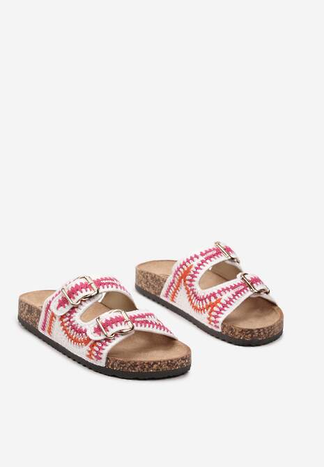 Biało-Różowe Klapki Ozdobione Wzorem na Szydełku z Korkową Grubą Podeszwą i Klamrami Kanthe