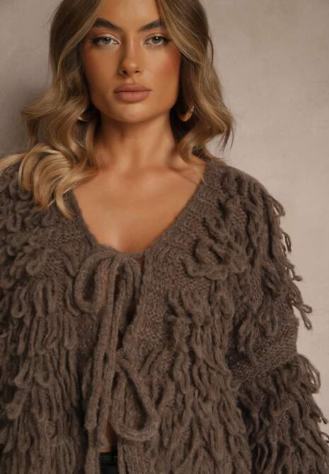 Jasnobrązowy Kardigan z Wiązaniem i Frędzlami z Domieszką Wełny i Wiskozy Tiseana