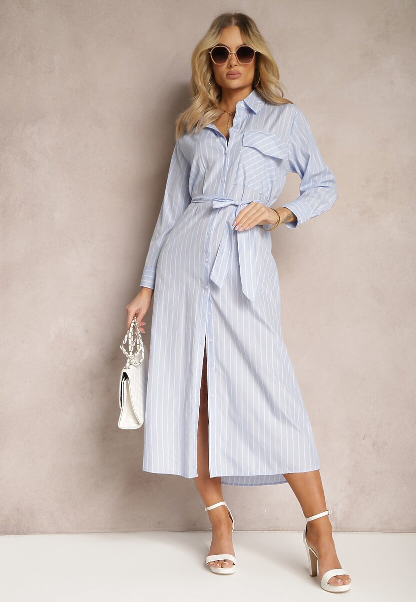 Niebieska Sukienka w Paski w Koszulowym Stylu z Paskiem i Długim Rękawem Desperse