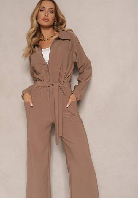 Brązowy Kombinezon z Elastyczną Gumką w Pasie z Dodatkowym Wiązaniem o Luźnym Kroju Creera
