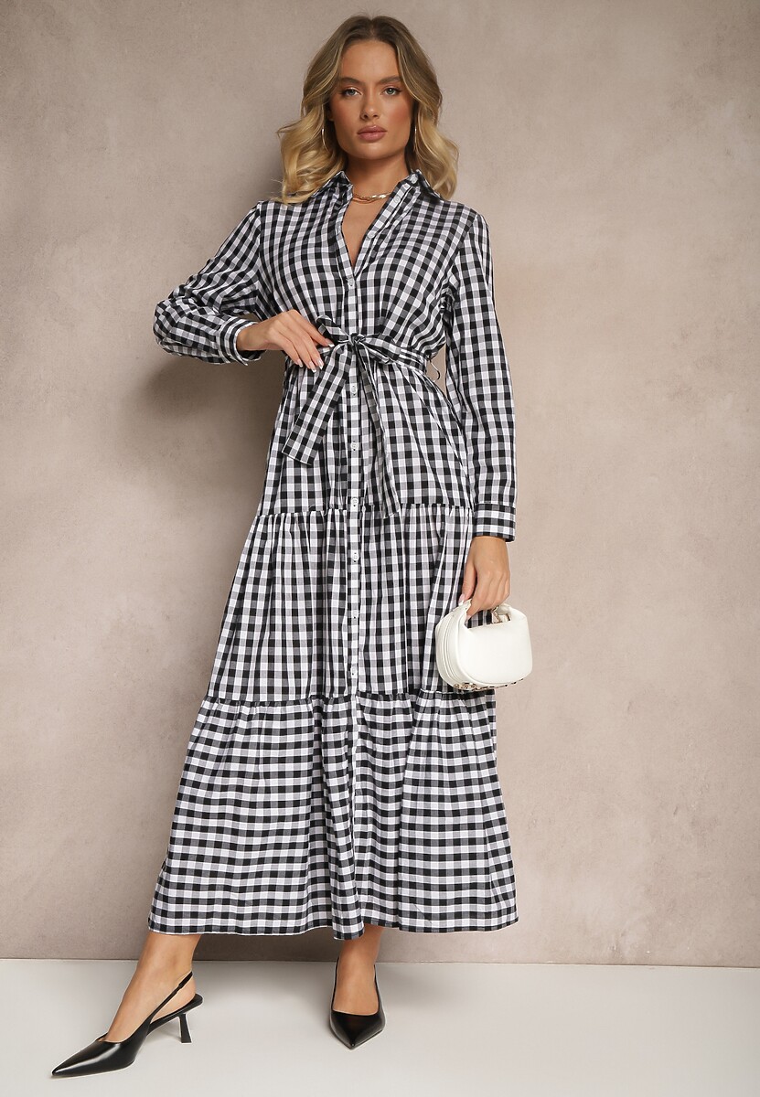 Czarna Koszulowa Sukienka z Bawełny w Kratkę Vichy z Wiązanym Paskiem Adlivia