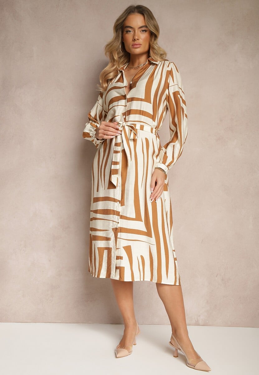 Beżowa Sukienka z Wiskozą o Koszulowym Kroju w Geometryczny Print Ninatria