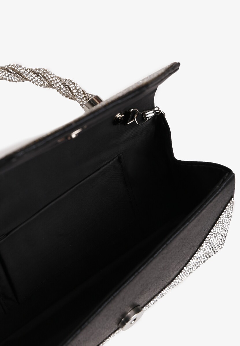 Czarno-Srebrna Cyrkoniowa Torebka Kopertówka Zapinana na Magnes z Rączką i Łańcuszkiem Alatia
