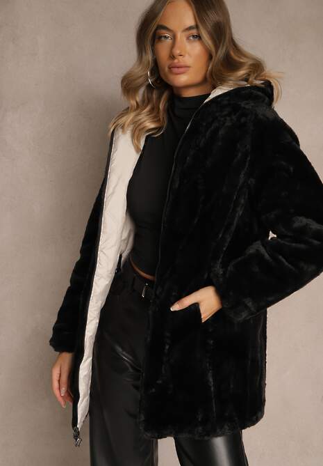 Beżowa Dwustronna Kurtka z Kapturem Pikowanymi Przeszyciami i Futerkiem Rossalea