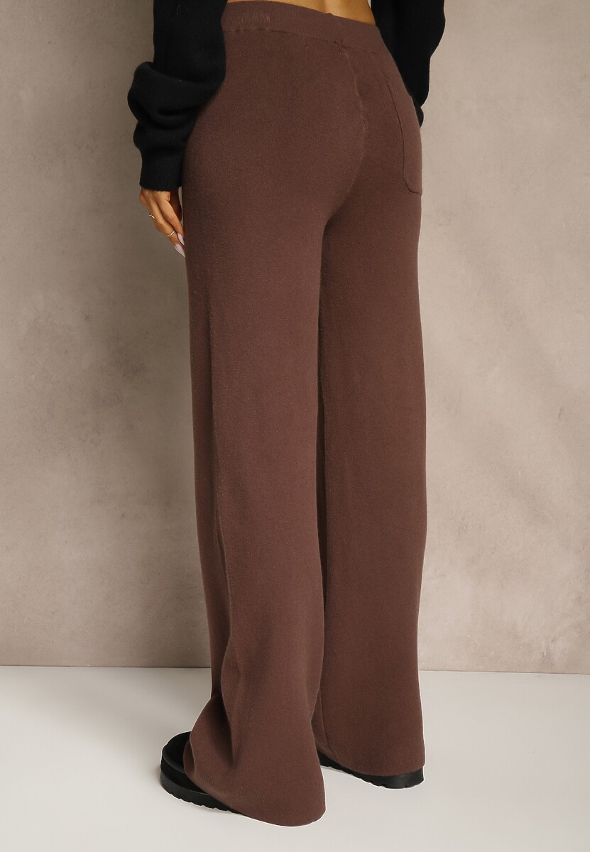 Brązowe Spodnie Wide Leg High Waist z Dodatkiem Kaszmiru Nevalla