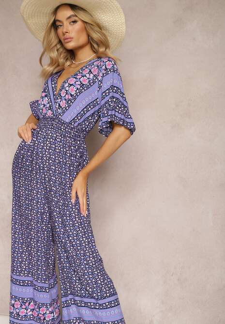 Granatowy Kopertowy Kombinezon Bawełniany z Cienkimi Gumeczkami w Pasie Zapinany na Szyi Orithiama