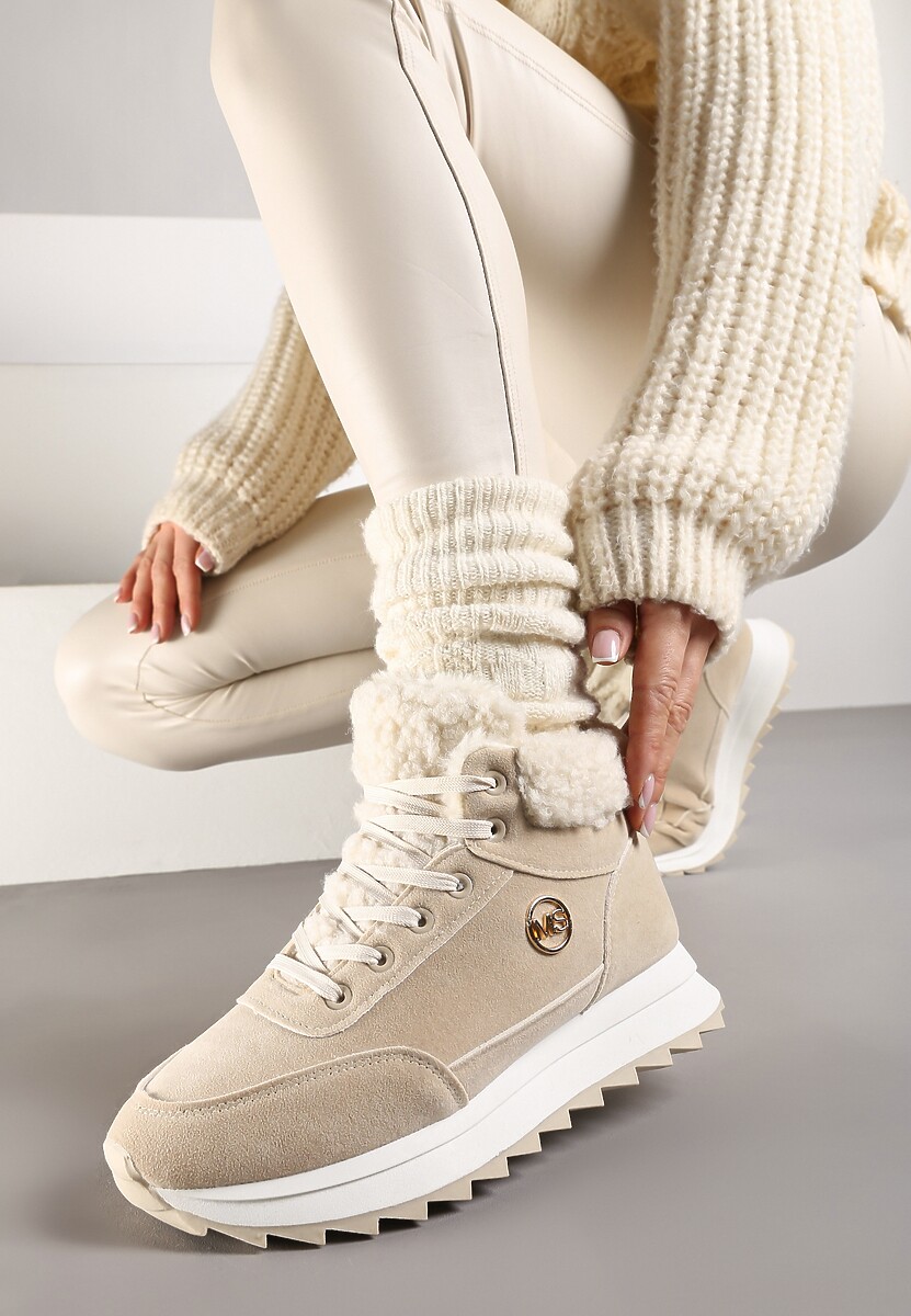 Ciemnobeżowe Sneakersy z Ekozamszu z Futrzaną Wyściółką Etaylla