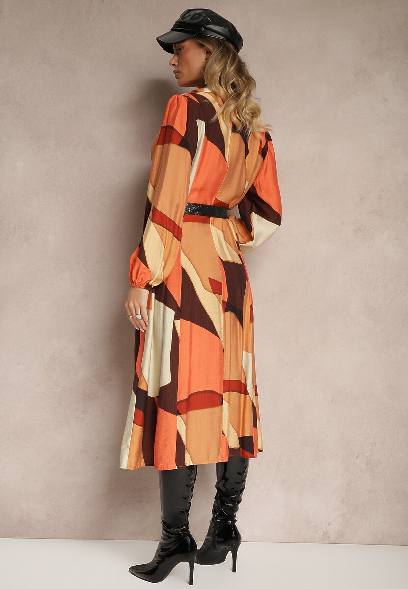 Jasnobrązowa Koszulowa Sukienka z Wiskozą Zdobiona Geometrycznym Wzorem z Paskiem w Talii Tifiel