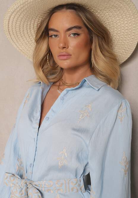 Niebieska Koszulowa Sukienka w Stylu Szmizjerki z Wiskozy Wiązana w Talii Telaniwena