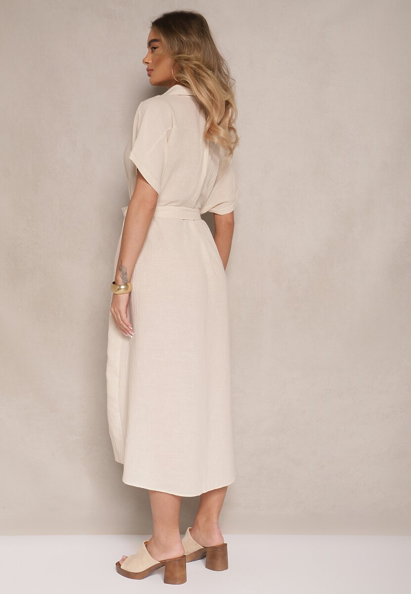 Beżowa Wiskozowa Sukienka Koszulowa z Wiązanym Paskiem w Talii Vanisti