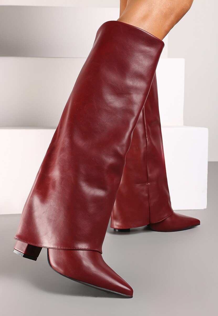 Bordowe Kozaki na Słupku Ozdobione Wywiniętą Cholewką Heslia