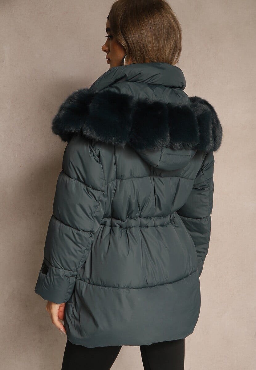 Ciemnozielona Pikowana Kurtka z Szerokim Kapturem z Futrem Galiessa