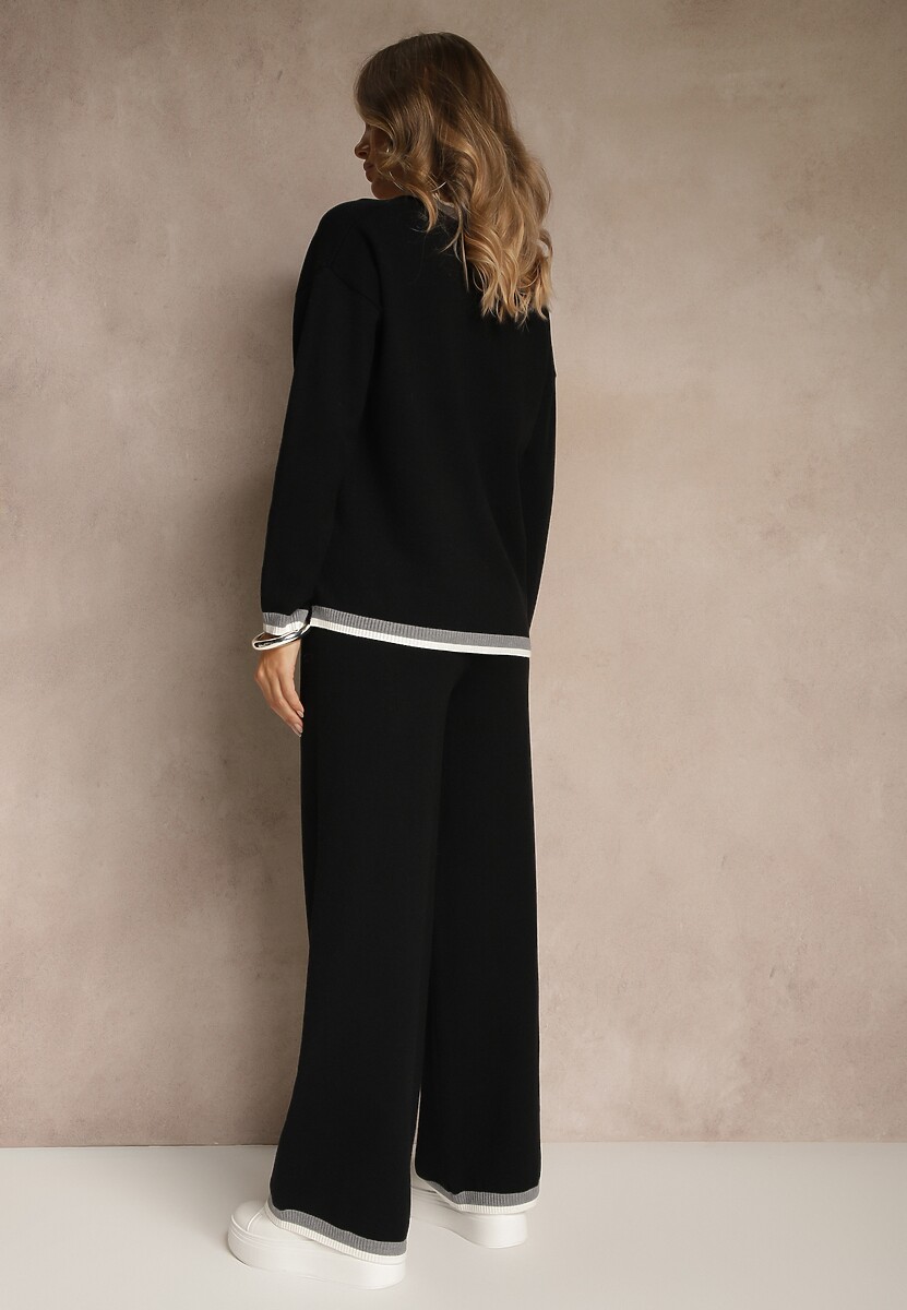 Czarny Komplet Dzianinowy Sweter i Spodnie Wide Leg z Ozdobną Lamówką Ralenia