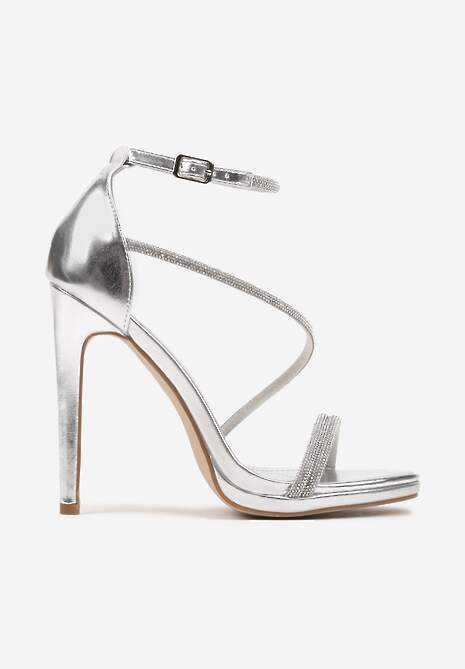 Srebrne Eleganckie Szpilki Sandały Zdobione Cyrkoniami Ninitila