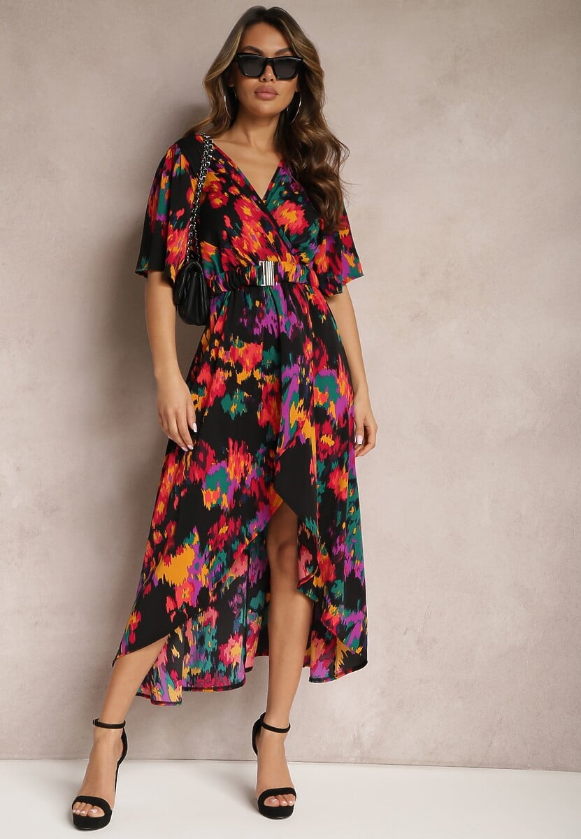 Czarno-Pomarańczowa Asymetryczna Sukienka z Gumką w Pasie i Kopertowym Dekoltem Perlana