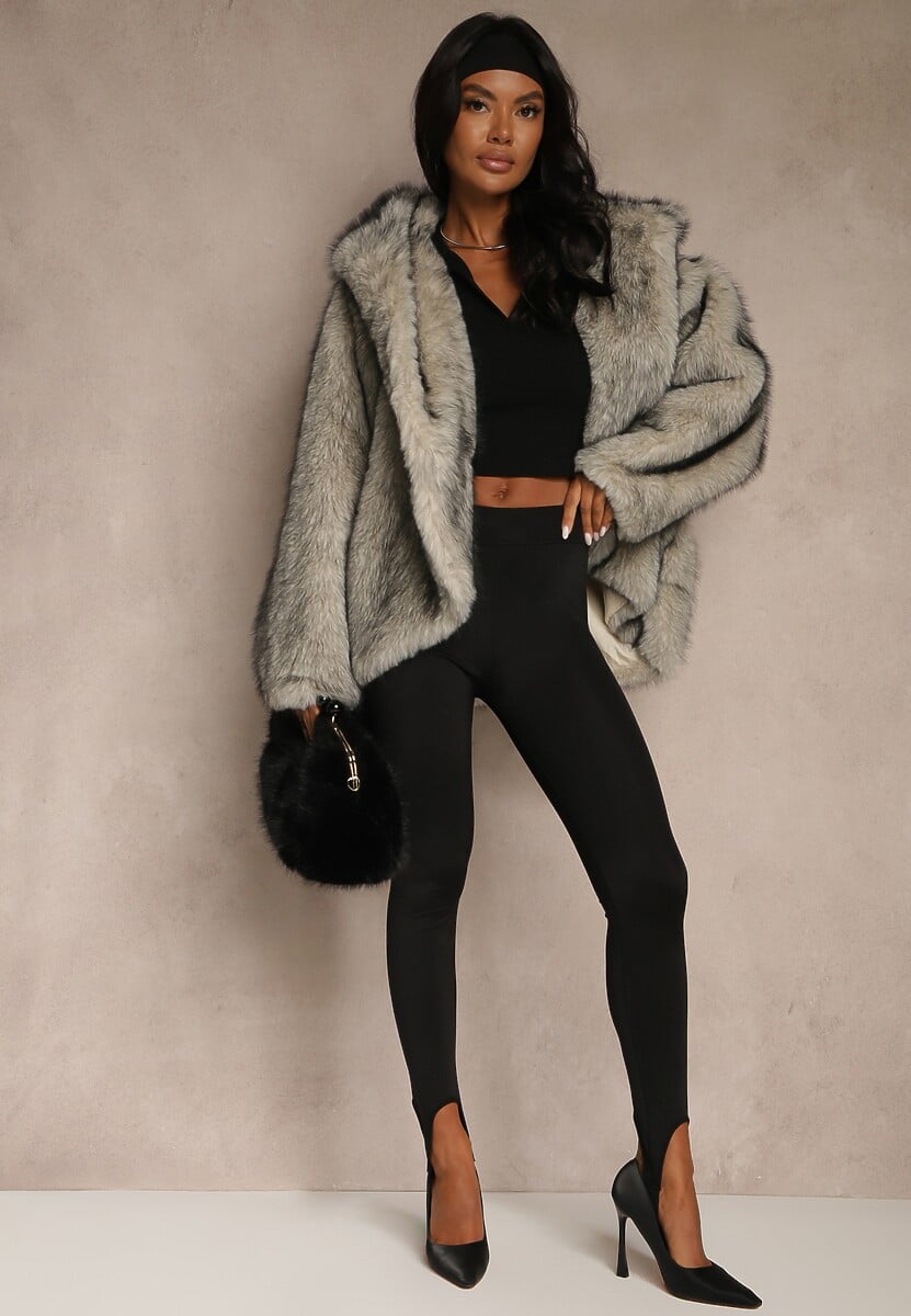 Szara Oversizowa Kurtka Futerko z Kapturem Venelle