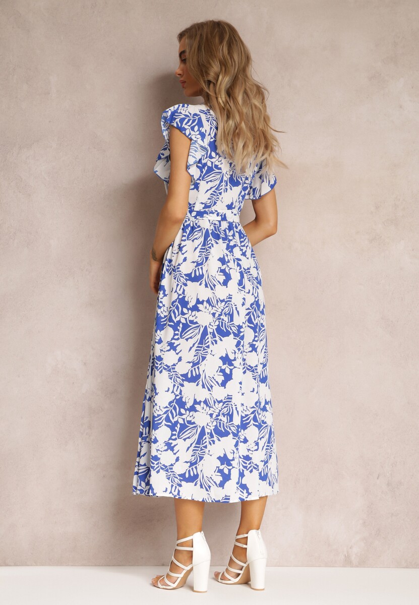 Granatowo-Biała Rozkloszowana Sukienka Maxi z Kopertowym Dekoltem w Kwiaty Sonnasa