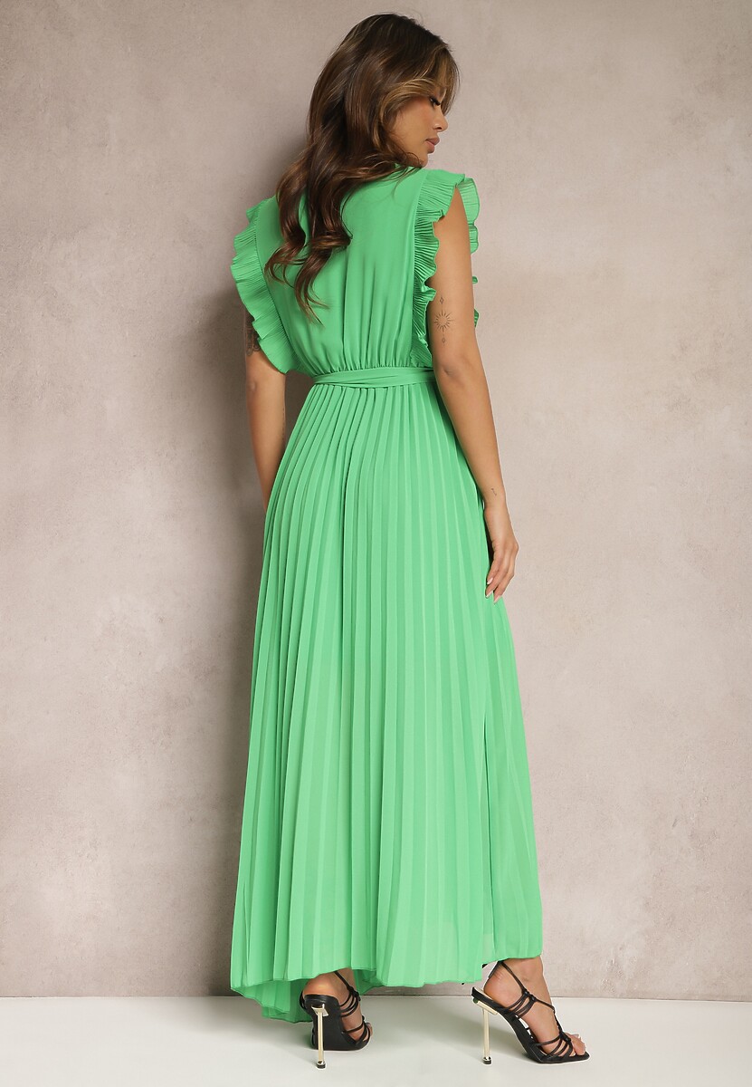Zielona Wiskozowa Sukienka Maxi z Plisowaniem o Rozkloszowanym Kroju i Kopertowym Dekolcie Fliceris