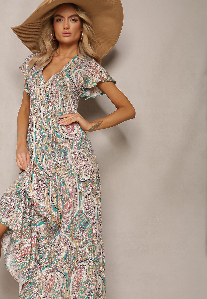 Granatowo-Beżowa Rozkloszowana Sukienka Maxi na Guziki Ozdobiona Etnicznym Wzorem Kleriala