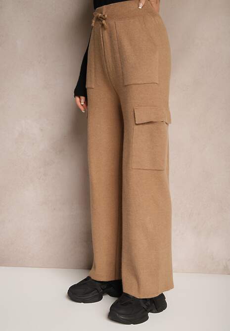 Ciemnobeżowe Szerokie Spodnie Dzianinowe z Gumką w Pasie i Kieszeniami Emithlera