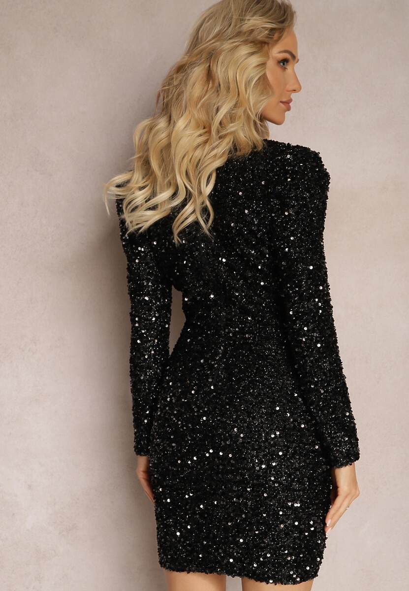 Czarna Sukienka Mini w Cekiny z Kopertowym Dekoltem Elegaia