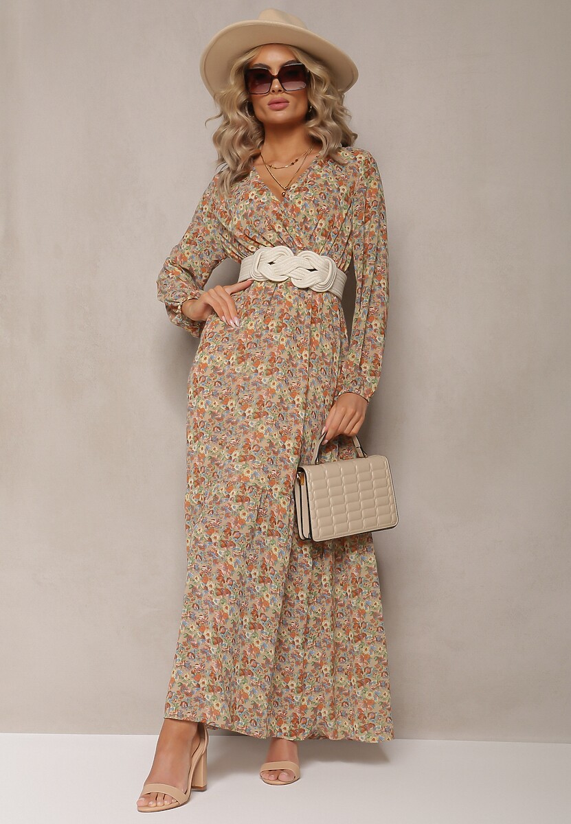 Beżowa Sukienka z Kopertowym Dekoltem i Gumką w Talii Behi