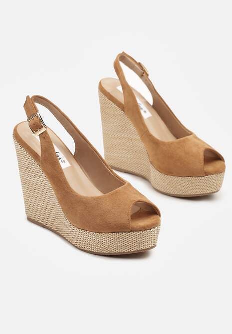 Brązowe Sandały Slingback z Imitacji Zamszu na Koturnie Daldiva