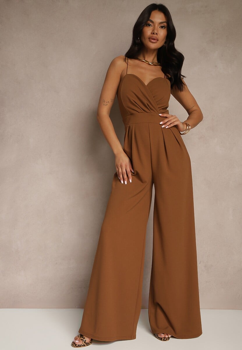 Brązowy Kombinezon na Cienkich Ramiączkach z Kopertowym Dekoltem i Szerokimi Nogawkami Jovantia