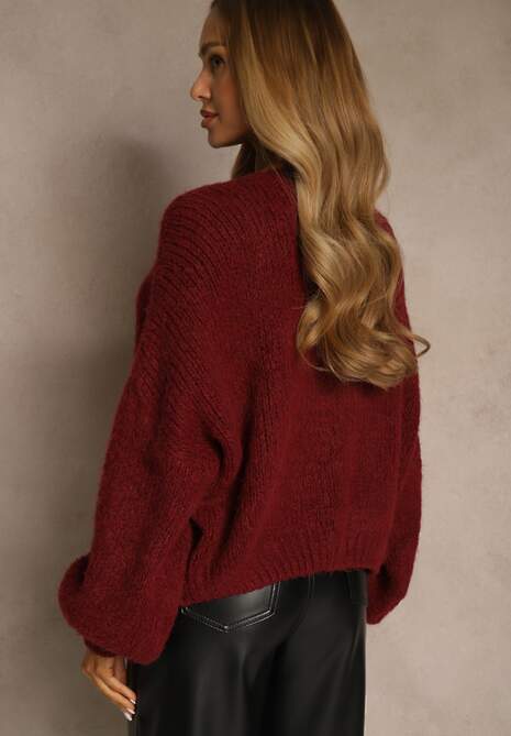 Bordowy Kardigan z Wełną o Kroju Oversize z Wiązanymi Kokardami Elearina