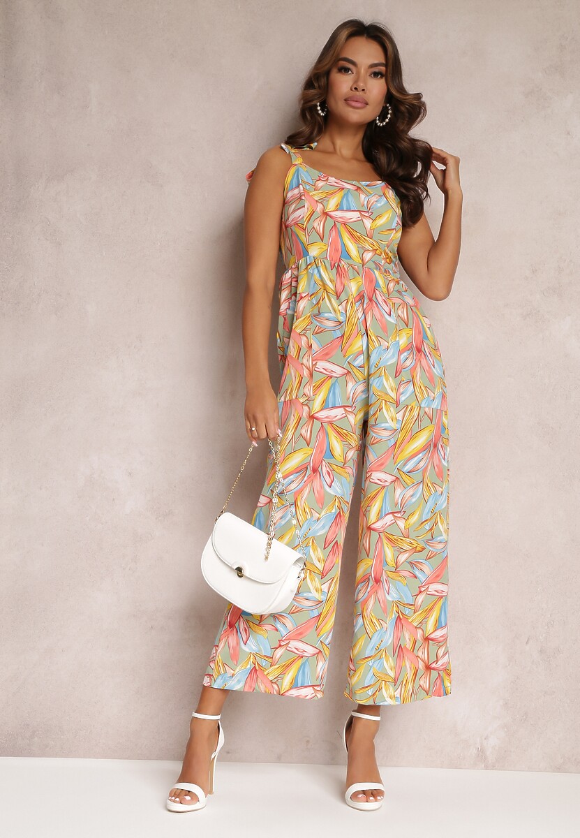 Jasnozielono-Żółty Długi Kombinezon z Wiązanymi Ramiączkami w Kwiaty Prongi
