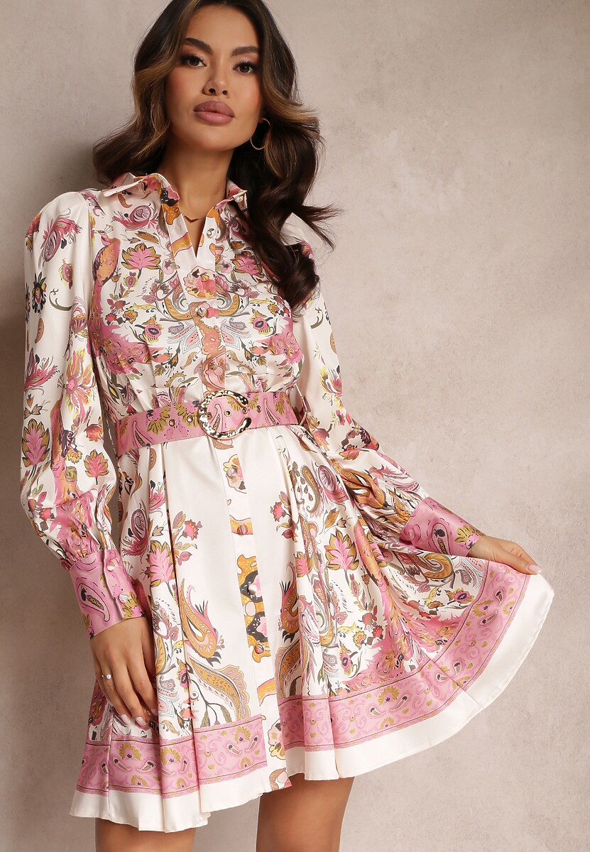 Jasnobeżowa Koszulowa Sukienka Satynowa z Paskiem Natilo