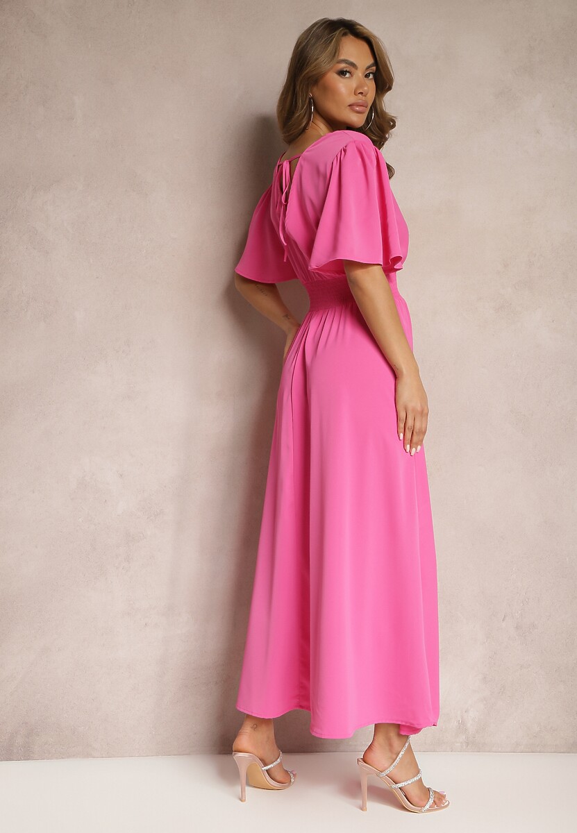 Różowa Sukienka z Luźnymi Rękawami Wiązaniem z Wycięciem na Plecach i Gumką w Talii Valenta