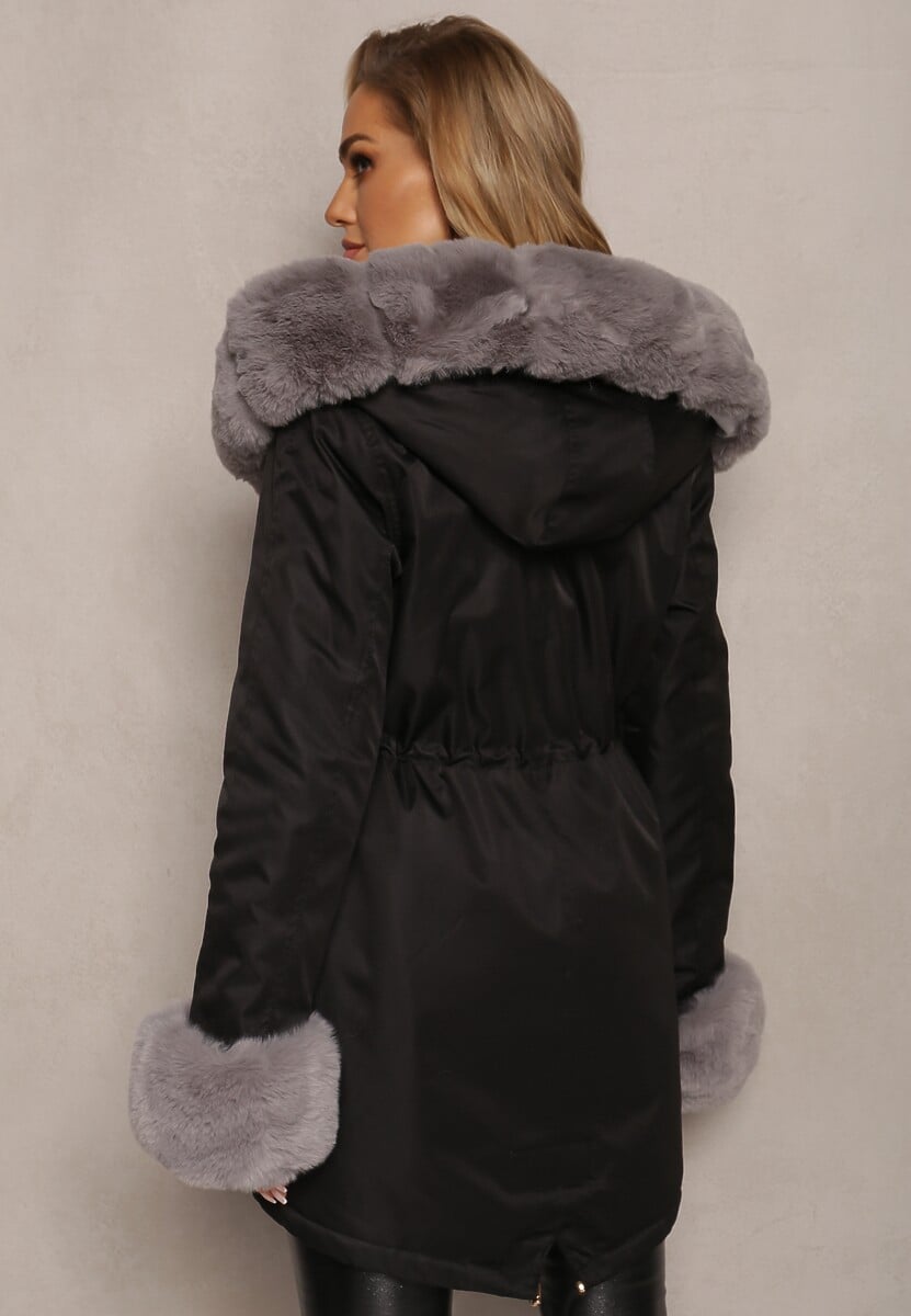Czarno-Szara Kurtka Parka z Paskiem w Talii i Kapturem z Futerkiem Hizontia
