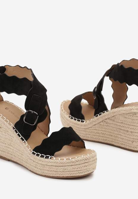 Czarne Sandały na Koturnie z Juty z Ozdobnymi Paskami Rhexinn