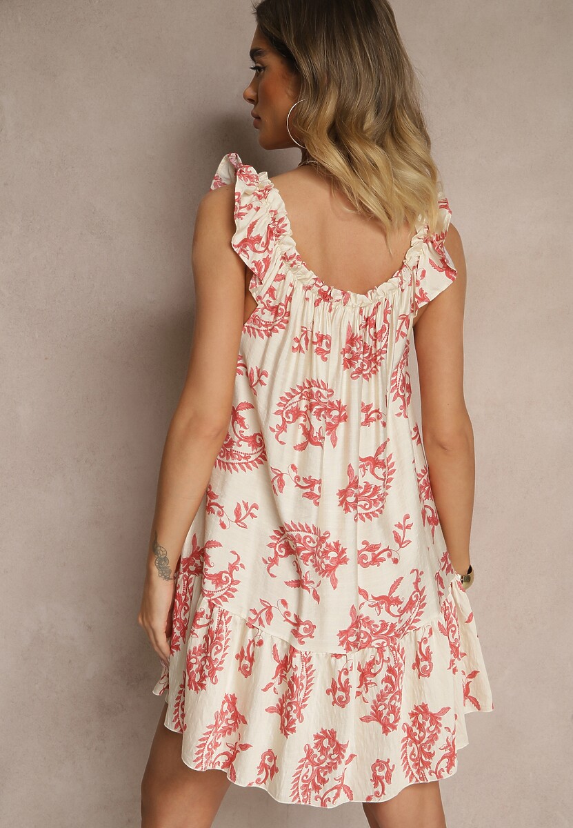 Różowa Sukienka z Wiskozą Ozdobiona Falbanką Ellitne