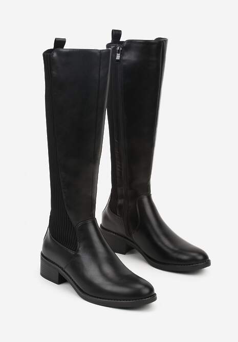 Czarne Casualowe Kozaki Typu Muszkieterki na Płaskiej Podeszwie Belissae