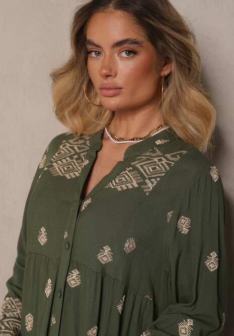 Ciemnozielona Rozkloszowana Sukienka Ozdobiona Haftem i Wzorem Boho Ronavere