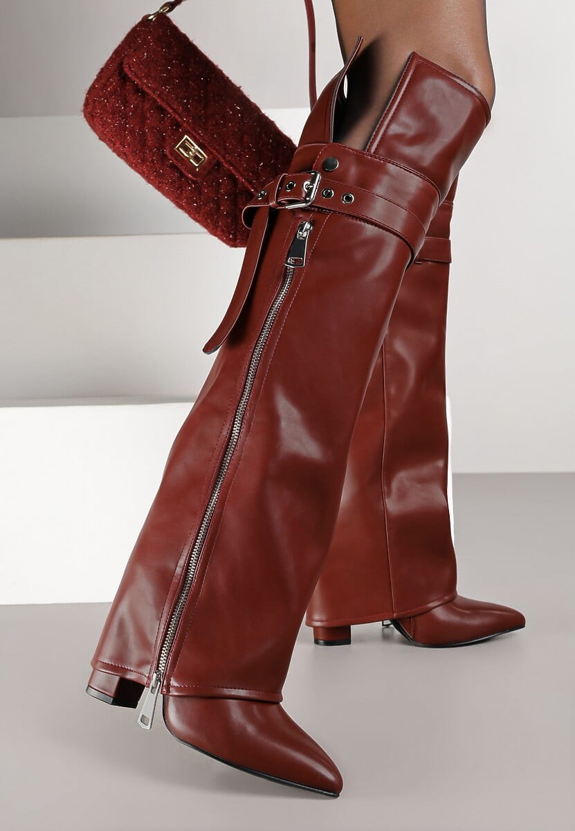 Bordowe Kozaki Kowbojki na Słupku Ozdobione Suwakiem Klamrą i Wywiniętą Cholewką Kelvila