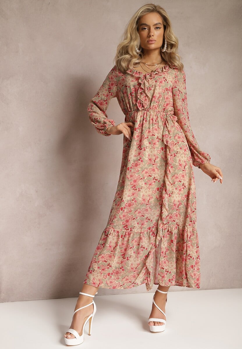 Beżowo-Różowa Sukienka Rozkloszowana w Kwiaty z Gumką w Pasie Bledareta