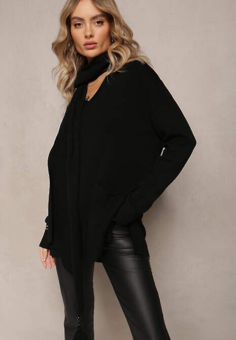 Czarny Sweter z Szalikiem z Chwostami w Komplecie Rumabena